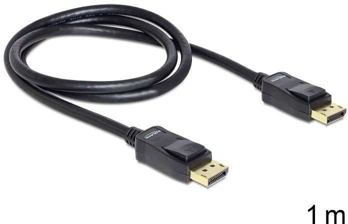 DisplayPort cable, 1 metre long, with gold-plated connectors, used for transmitting audio and video signals.
