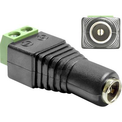Black power adapter with two green contacts; front view shows socket entrance, marked laterally with plus and minus signs.
