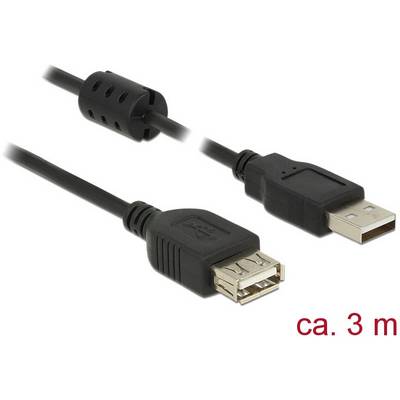 Black USB extension cable, approximately 3 metres long. One end features a USB-A plug, the other a USB-A socket.