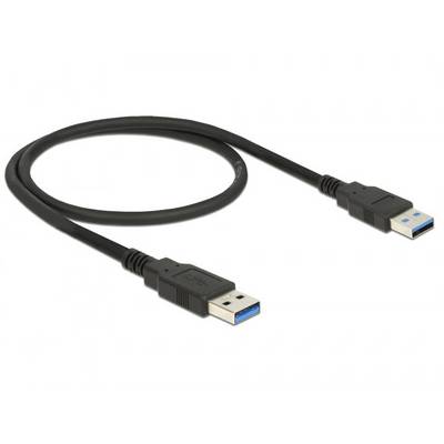 A black USB cable with two USB plugs at each end, suitable for connecting devices with USB ports.