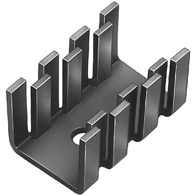 A black heatsink with fins for heat dissipation in electronic devices.