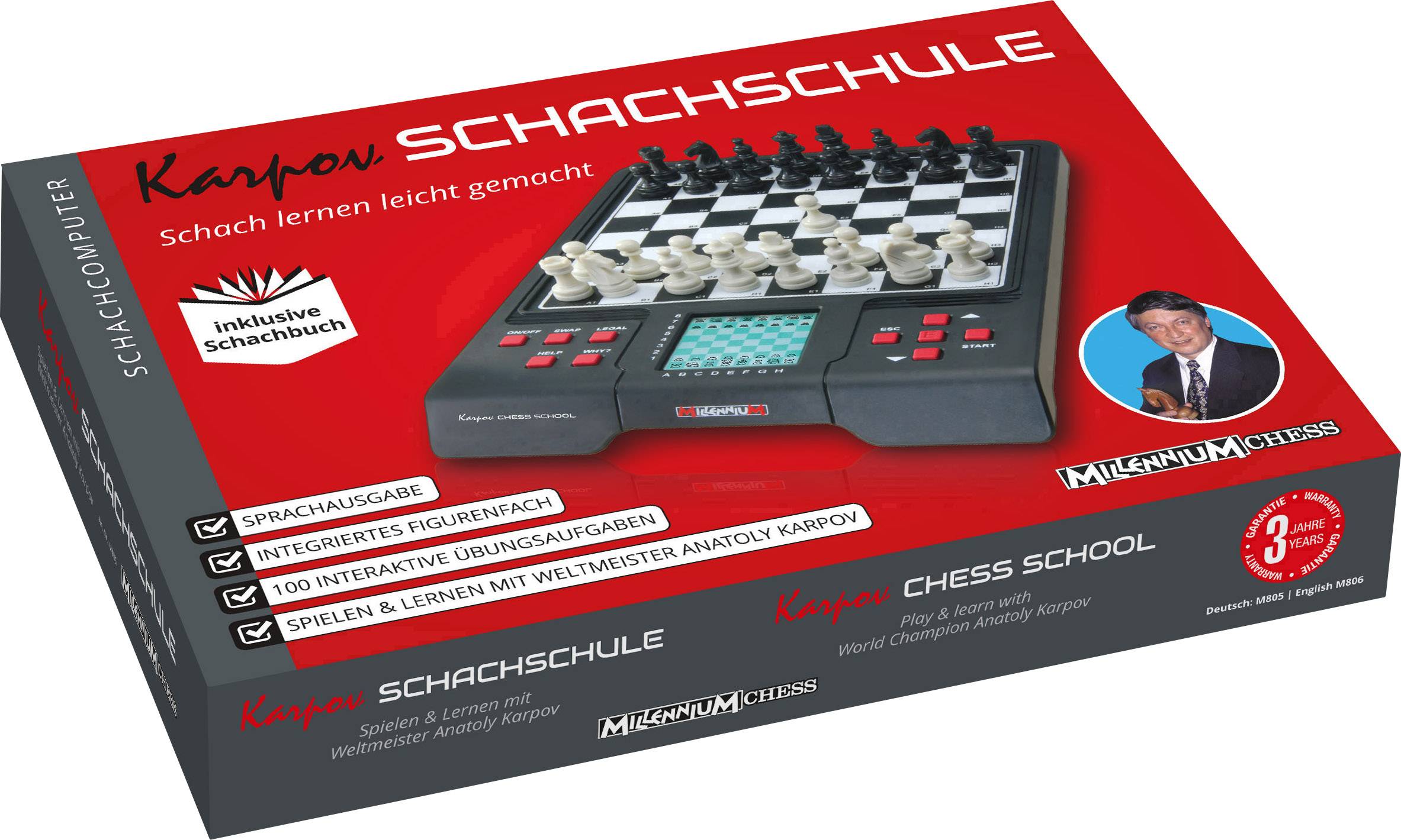 'Karpov Chess School' packaging with chessboard and electronic chess computer. Promotes 'Learning Chess Made Easy'. Contains image of Anatoly Karpov.