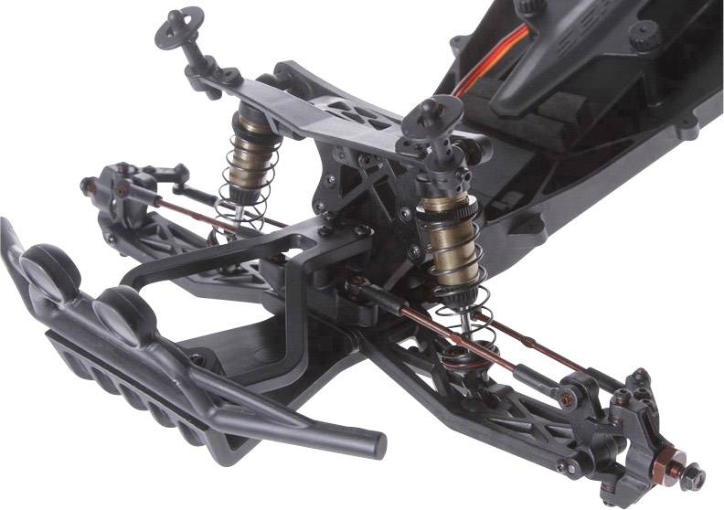 Front axle and suspension of a remote-controlled car, showing shock absorbers and steering mechanism.