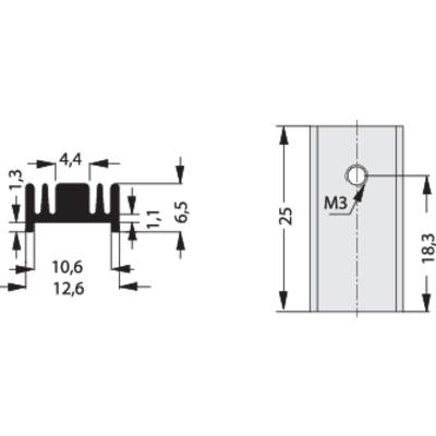 Technical drawing of a heat sink in DXF format. Dimensions and holes marked with arrows. Width 44 mm on top left, height 28 mm on right.