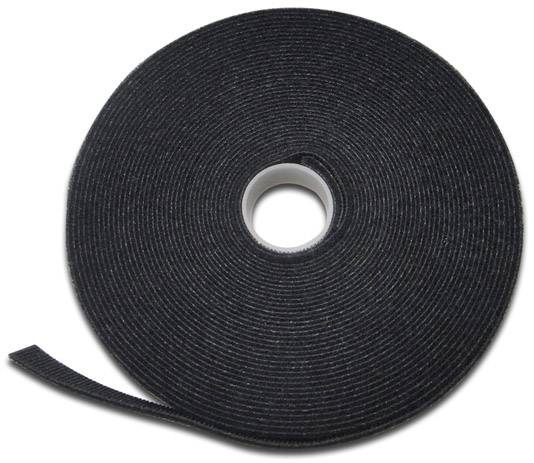 A black roll of hook and loop fastener tape with a peeled-off corner revealing the inner white spool.