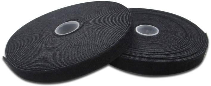 Two black hook and loop tape rolls lie side by side on a white surface.
