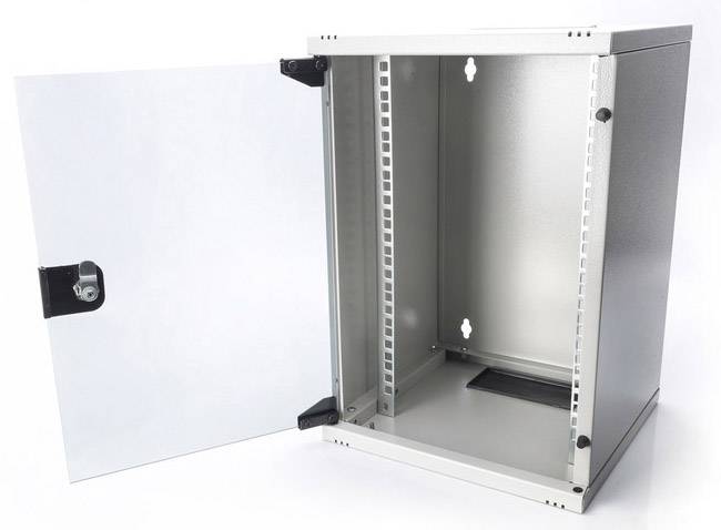 Metal electrical cabinet opened, showing empty interior with mounting brackets for technical equipment. Door on the left with lock and hinges.