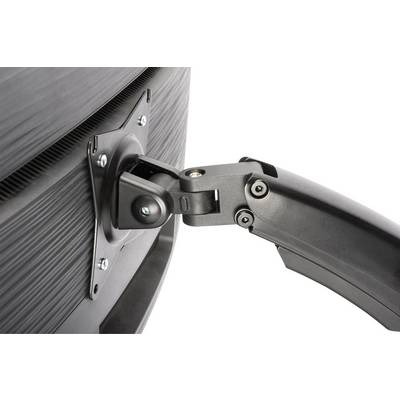 Black metal swing arm attached to the rear of a monitor. Shows joint points for flexible movement and adjustment.