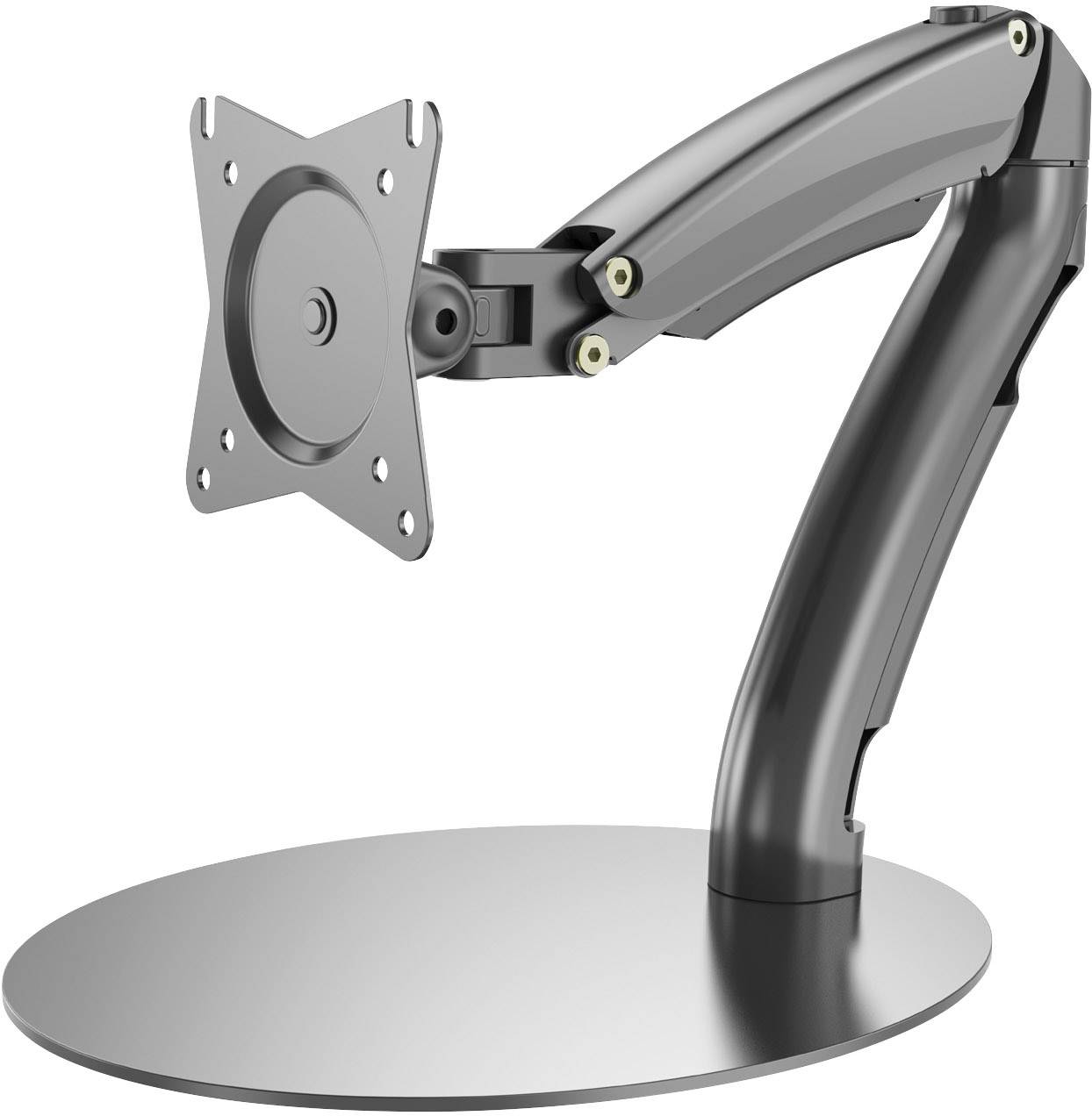 Uniquely designed, rotating monitor arm with a robust base, suitable for mounting screens on desks.