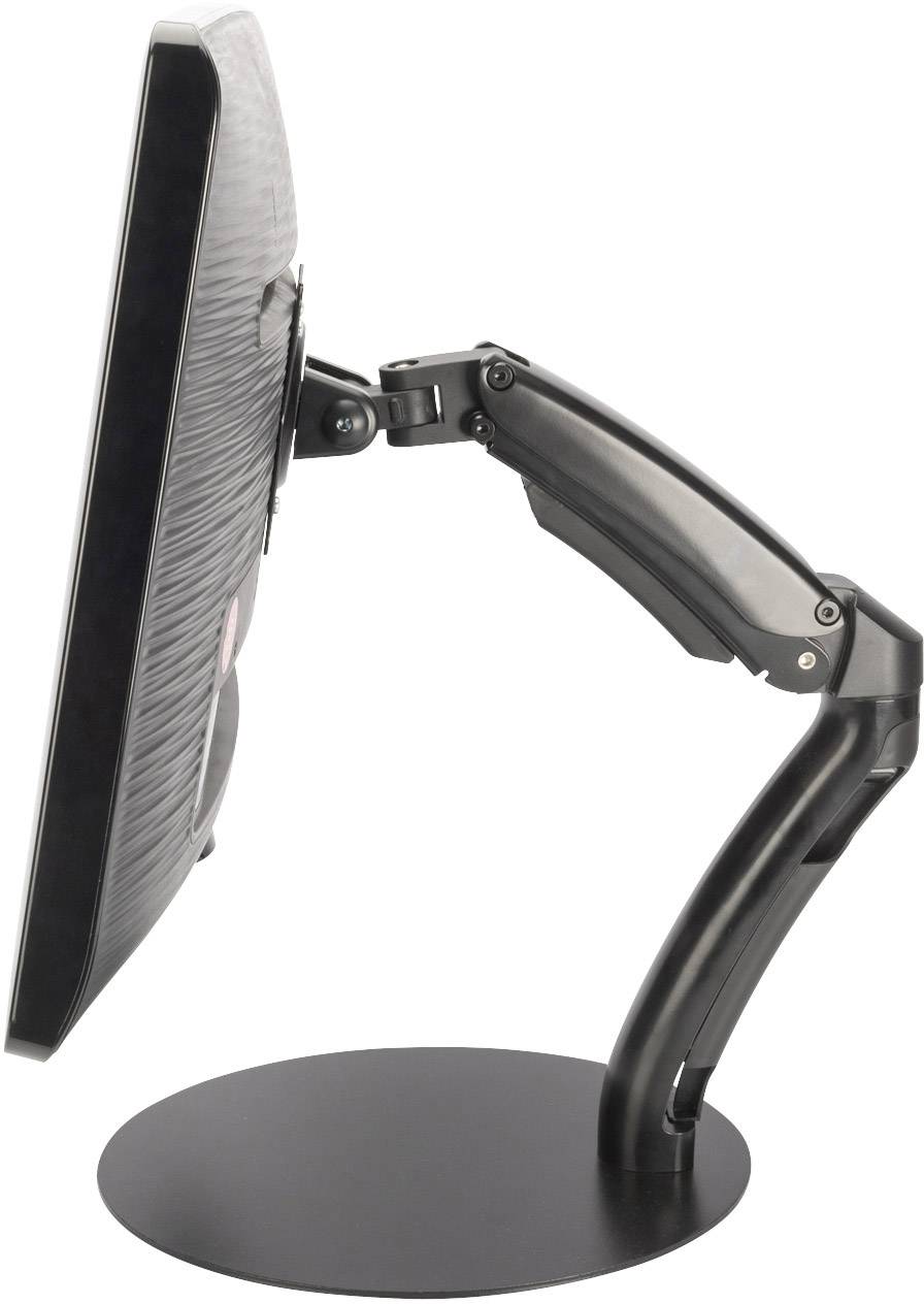 Flat computer monitor mounted sideways on a flexible and adjustable arm, standing on a round base.