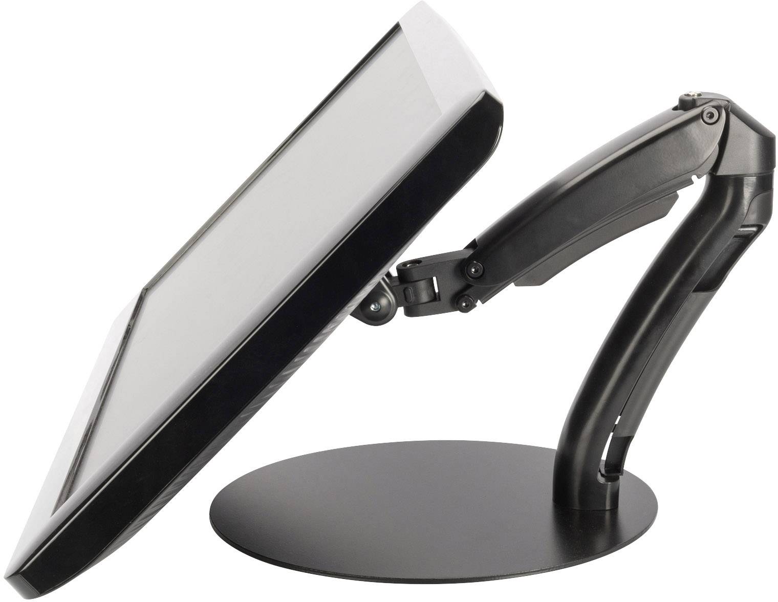 An adjustable monitor arm holds a screen in a horizontal position. The arm enables flexible tilting and rotation.