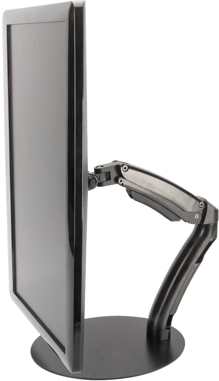 A black monitor is mounted on an adjustable, swivel arm, viewed from the side on the left.