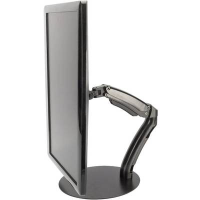 A black monitor is mounted on an adjustable, swivel arm, viewed from the side on the left.