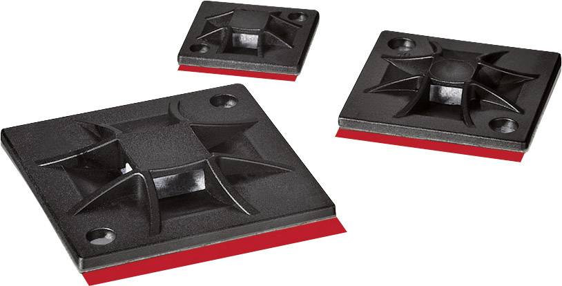 Three black, square plastic pieces with red undersides, in different sizes. They are evenly distributed across a white background.