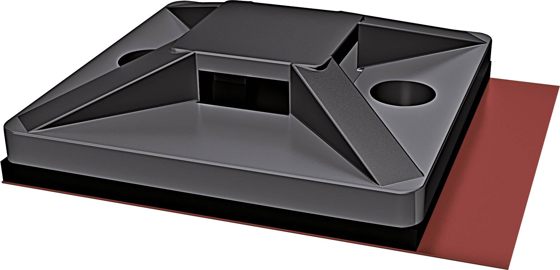 A black plastic cable clip with a red adhesive surface, rectangular in shape and featuring a central slot for securing cables.