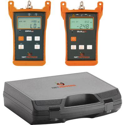 Two orange optical power measurement devices beside a black transport case. The displays show different measurement readings.
