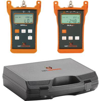 Two orange network testers lying on a black case. The devices are displaying measurement values on their screens.