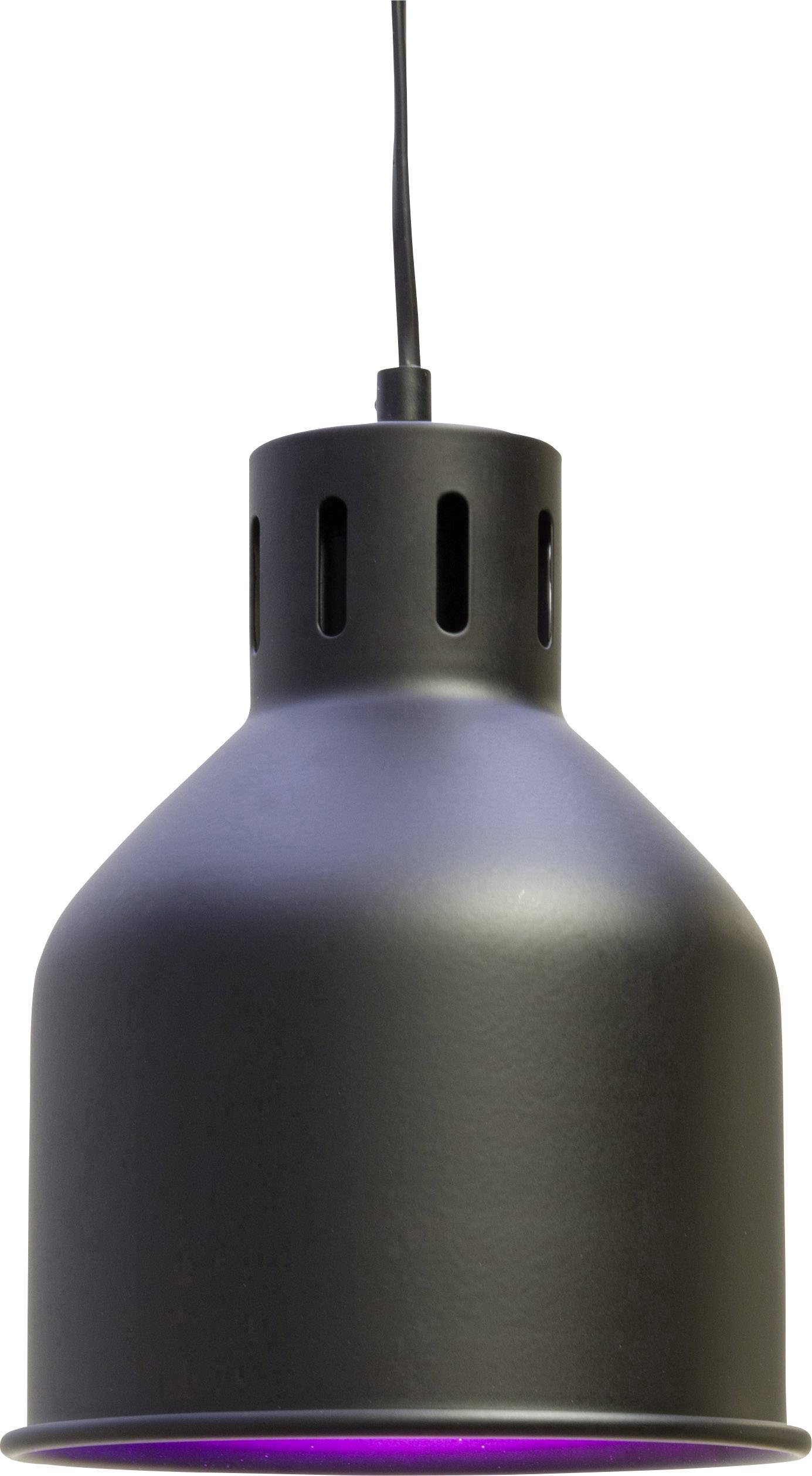 A modern black pendant light with a violet glow, suitable for industrial-style interiors.