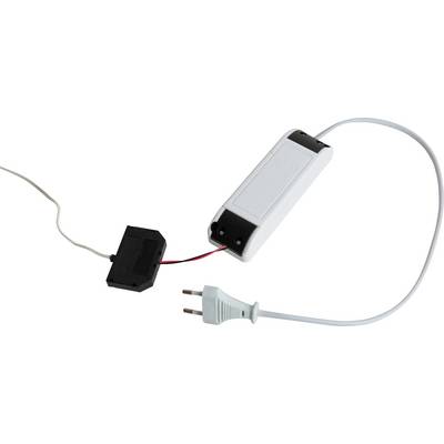 'Electrical device with two connected components: a rectangular black and an elongated white casing with cable and plug.'