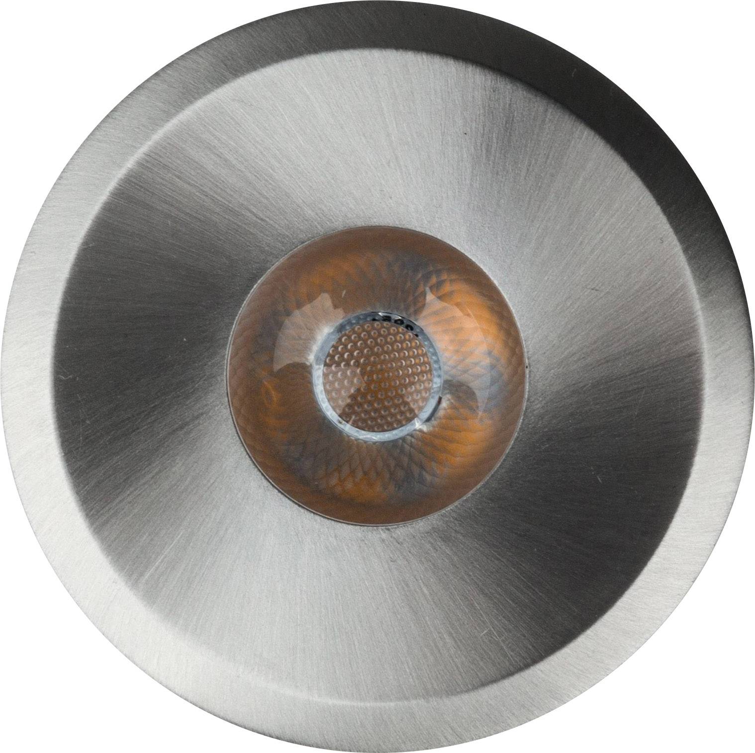 A metallic doorbell button with a central, transparent, orange illuminated element in the middle of a round, brushed surface.