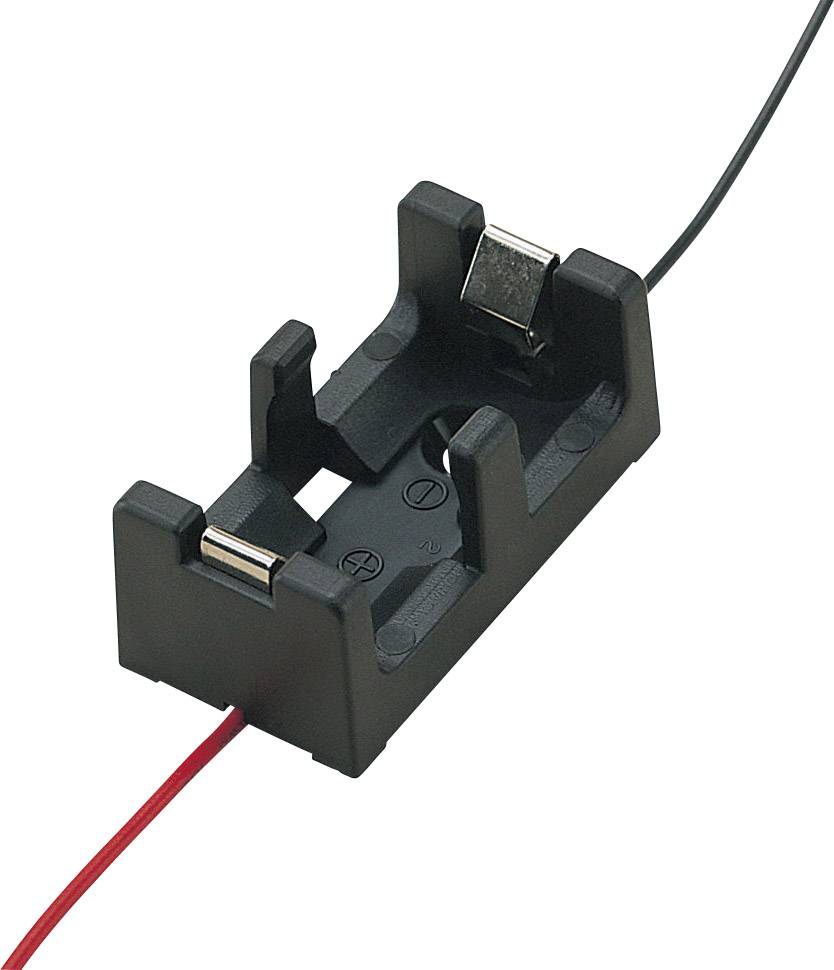 Battery holder for an AA battery with two cables, red and black, leading out from the holder.