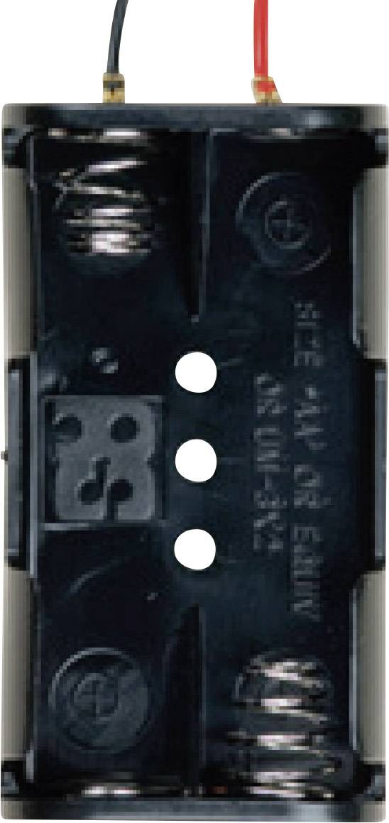 Battery holder with two metal springs on the left and right, and black and red cable connections at the top.