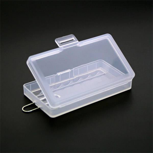 Transparent plastic box, open, for storing small items.