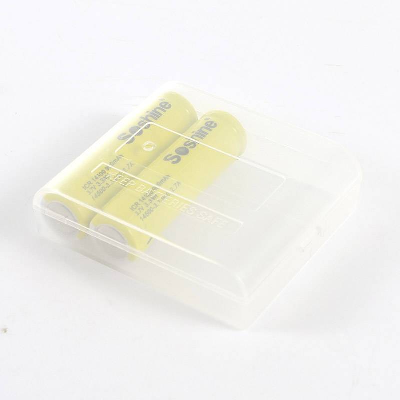 Yellow AA batteries in a transparent plastic box, on a white background.