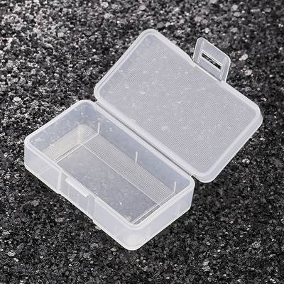 An empty transparent plastic box with a lid, open on a roughly textured black surface.