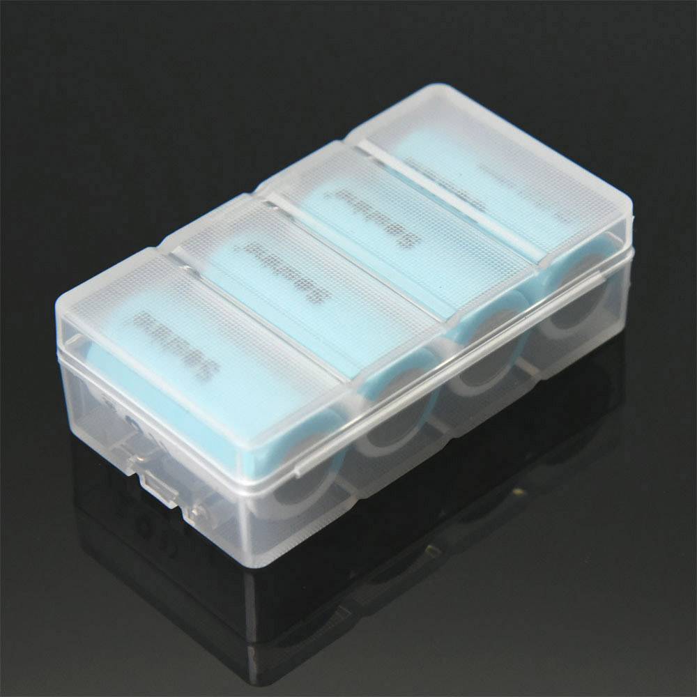 Transparent plastic box with five AA batteries. Ideal for storage or transportation.