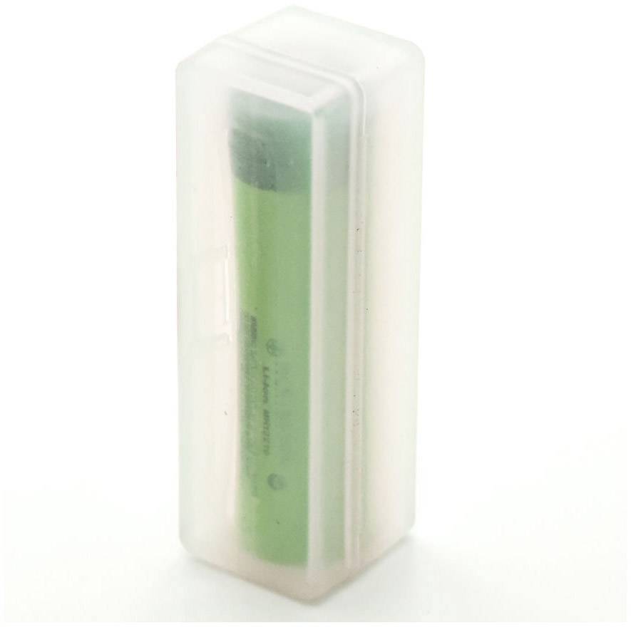 A green-grey battery in a transparent plastic case, slightly open.