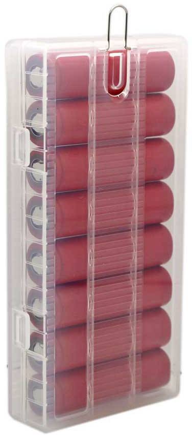 A transparent plastic box with protective capsules in red, neatly stacked and organised. Ideal for secure storage.