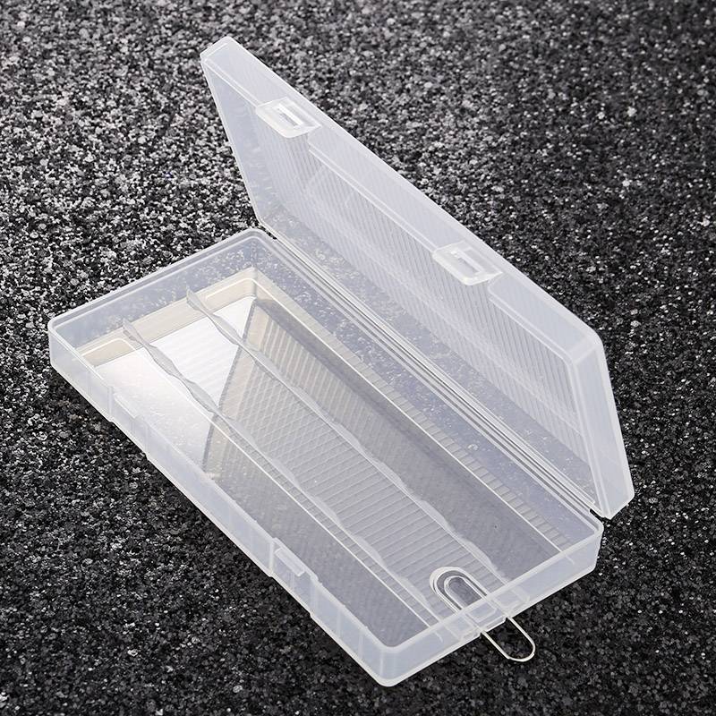 A transparent, open plastic storage box on a dark background, showing multiple compartments for storing small items.