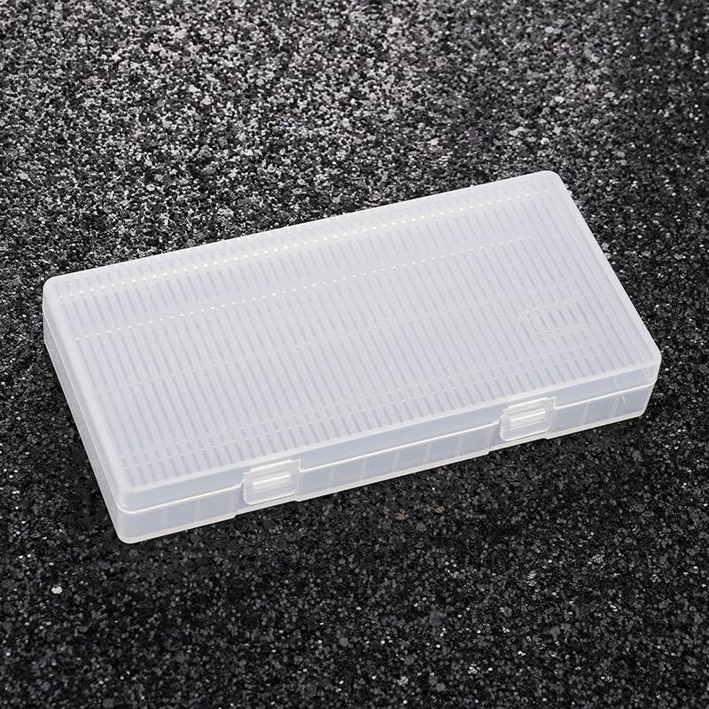 Rectangular, transparent plastic box with a ridged lid, resting on a dark, grainy surface.