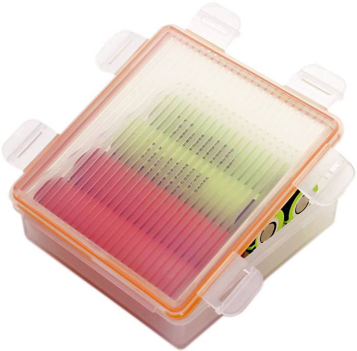 A transparent plastic box with a lid contains colourful test tubes in red and green.