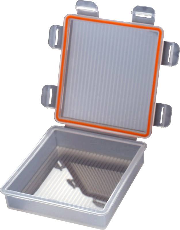 Grey, rectangular plastic box with an open lid, featuring a red sealing ring inside.