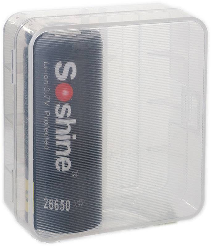 A black Li-Ion battery with the inscription 'Soshine 3.7V' is packaged in a transparent plastic box.