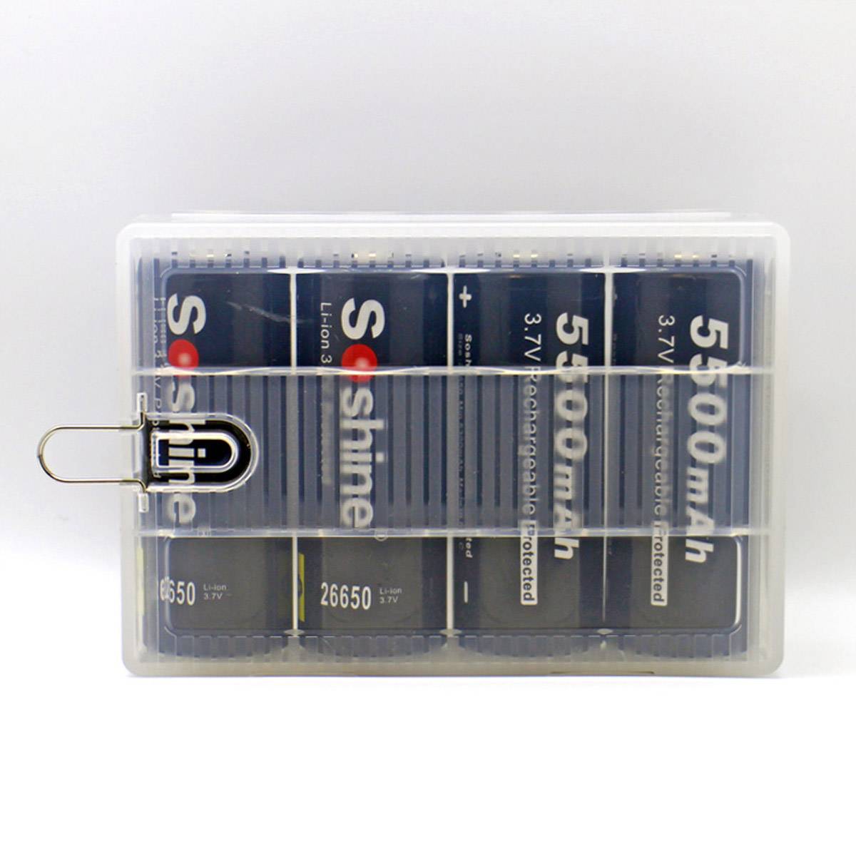 A transparent plastic container with a metal clip contains several arranged blue lithium-ion batteries.