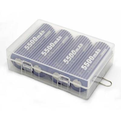 A transparent plastic box contains four batteries lying side by side, marked with '5500 mAh'.