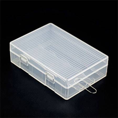 Transparent plastic storage box with hinged lid on a black background. Perfect for storing small items.