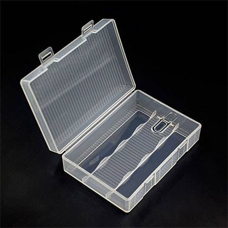 Transparent plastic storage box, open, with compartments and a holder for SIM card removal tool, on a black background.