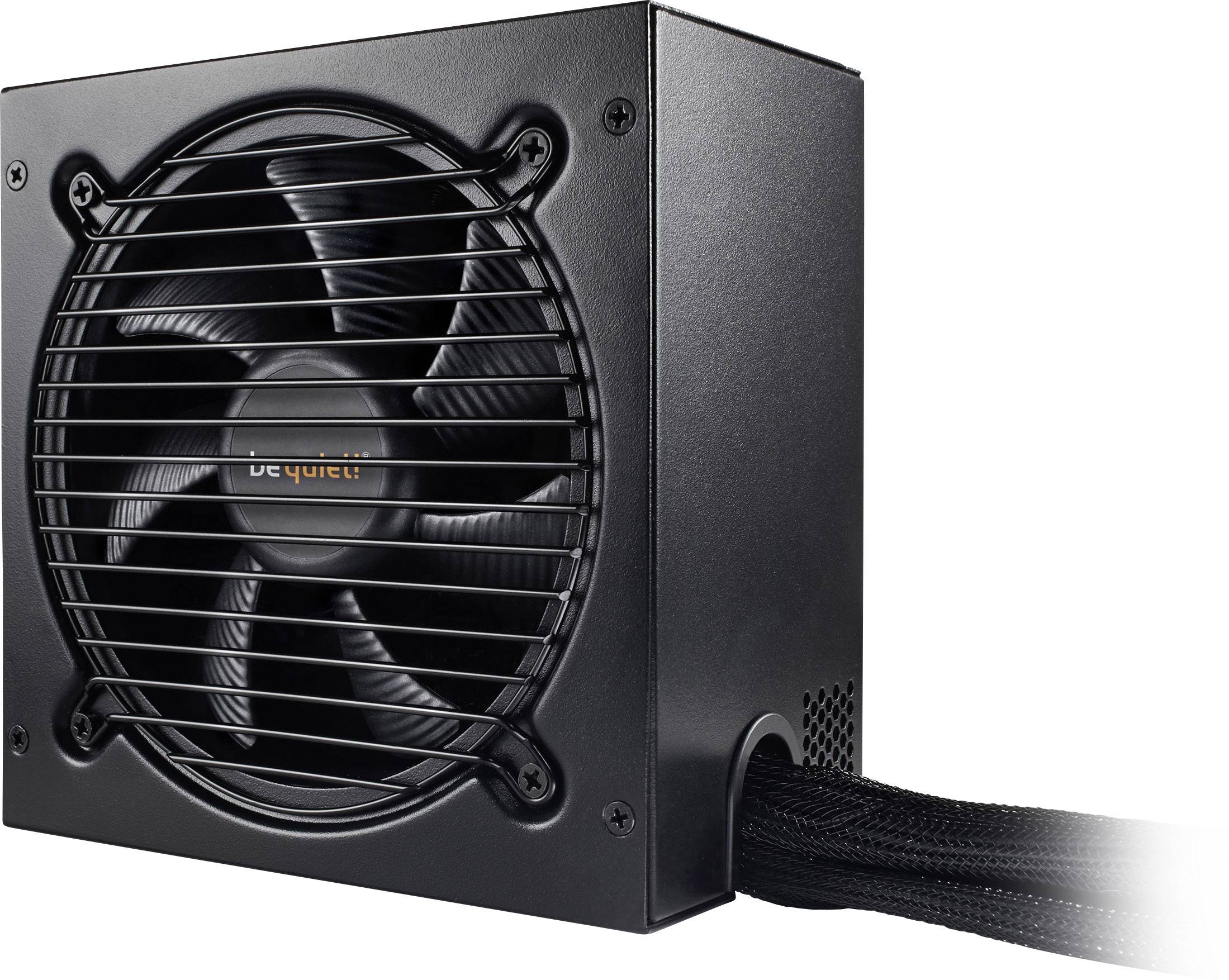 Black PC power supply with fan and cable harness. 'be quiet!' brand name visible on the fan. Suitable for computer hardware.