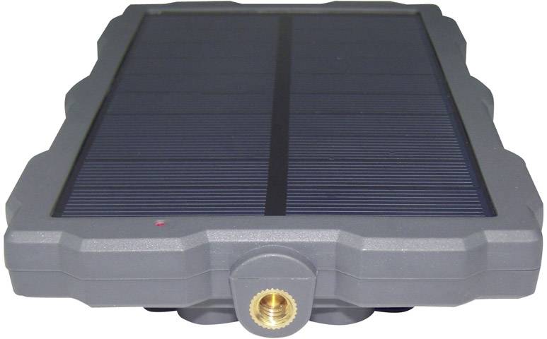 A rectangular solar panel in a grey enclosure with a gold-coloured connector at the bottom, suitable for outdoor applications.