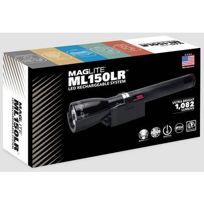 Box for a rechargeable LED torch, model 'Maglite ML150LR', with 1,082 lumens. Contains symbols for functions and origin.