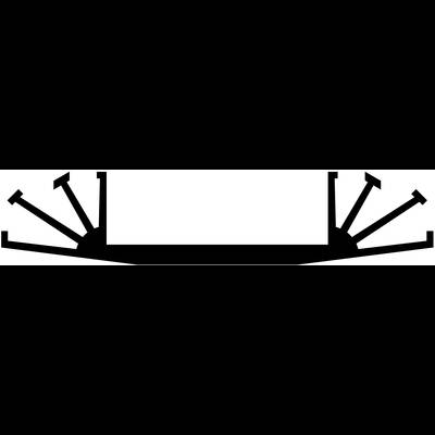 Black and white silhouette of a stylised ship with multiple curved lines symbolising cannon fire, extending to the left and right.
