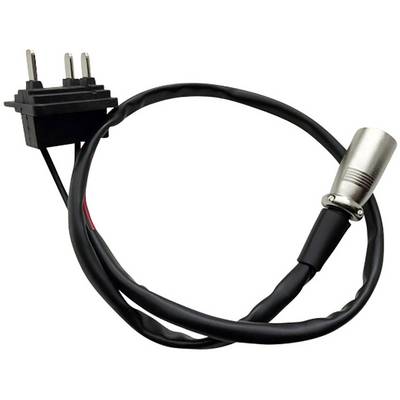 A black electric cable with a plug and a silver metal socket, suitable for electronic connections.
