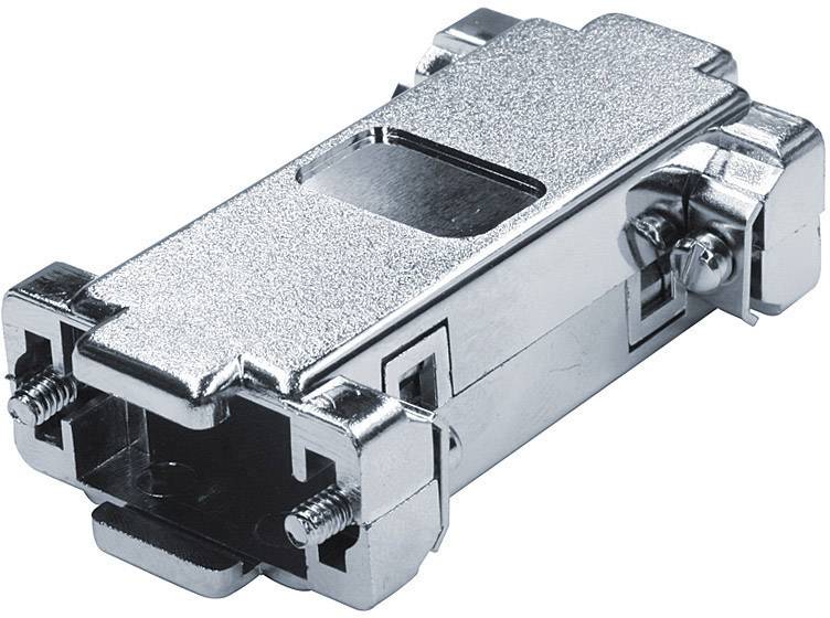 A silver metal adapter for connecting cables, showing a rectangular design with screw terminals at the ends.