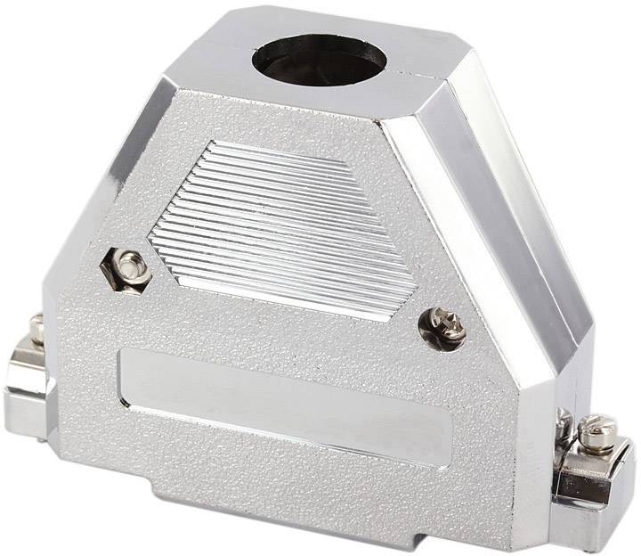 Metallic, hexagonal plug housing, silver-coloured and gleaming, with ribbed decorative elements and screw fastenings.