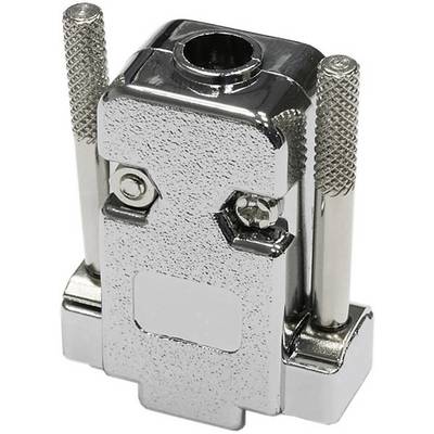 Chrome-coloured, rectangular metal enclosure with two side screws, used as a protective cover for connections.