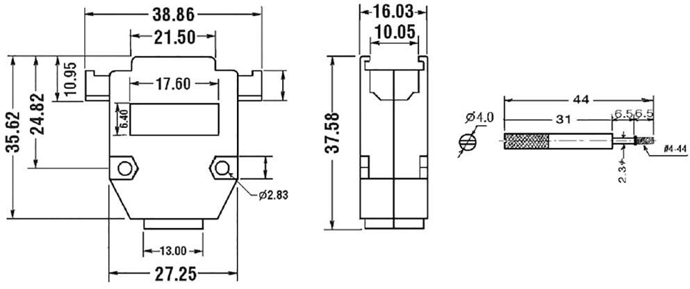 Technical drawing of a component with multiple views and dimensional annotations. Details include width, height, and hole size.
